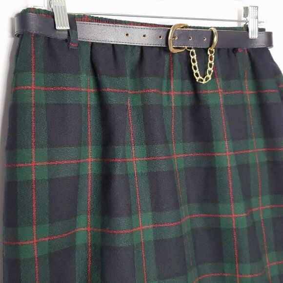 Vtg Wool Plaid Straight Skirt 10P 10 Petite Green Navy Blue Red Elastic Waist - Picture 2 of 7